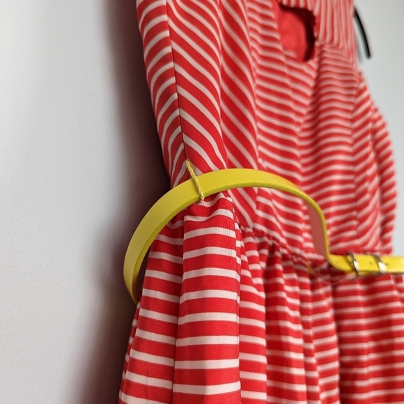 BCX Striped Sleeveless Dress Front Cutout Lined Belted Cream Orange Yellow sz 5 - Picture 6 of 7